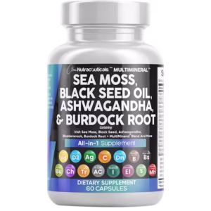 Suplemento Todo en Uno: Musgo Marino, Aceite de Semilla Negra, Ashwagandha y Raíz de Bardana – 60 Cápsulas